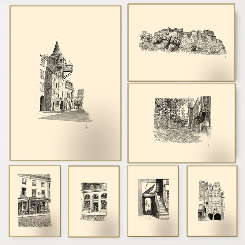 Wall Texture Spray - Vintage Edinburgh Castle Stiftzeichnung Skizzenposter Schottische
